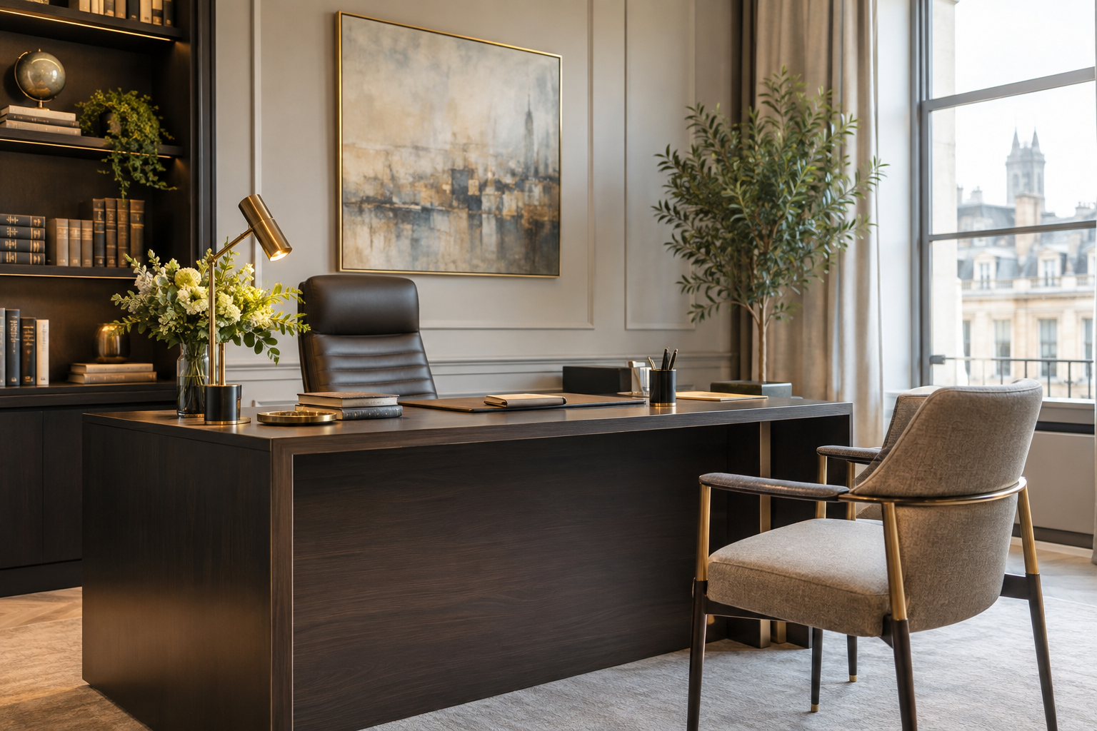 Illustrative consultation room with charcoal furnishings and gold details