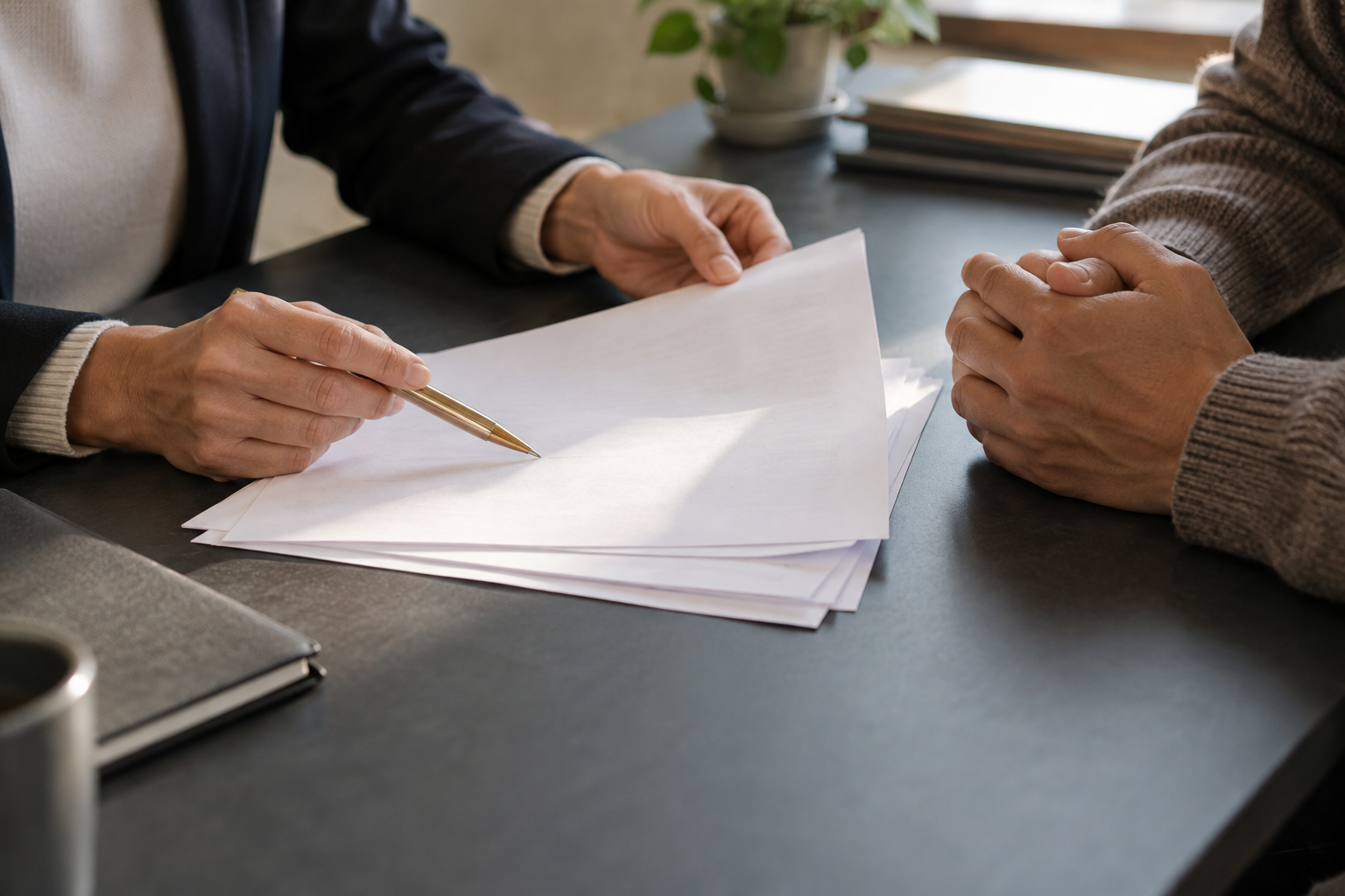 Illustrative image of an adviser and client reviewing papers together